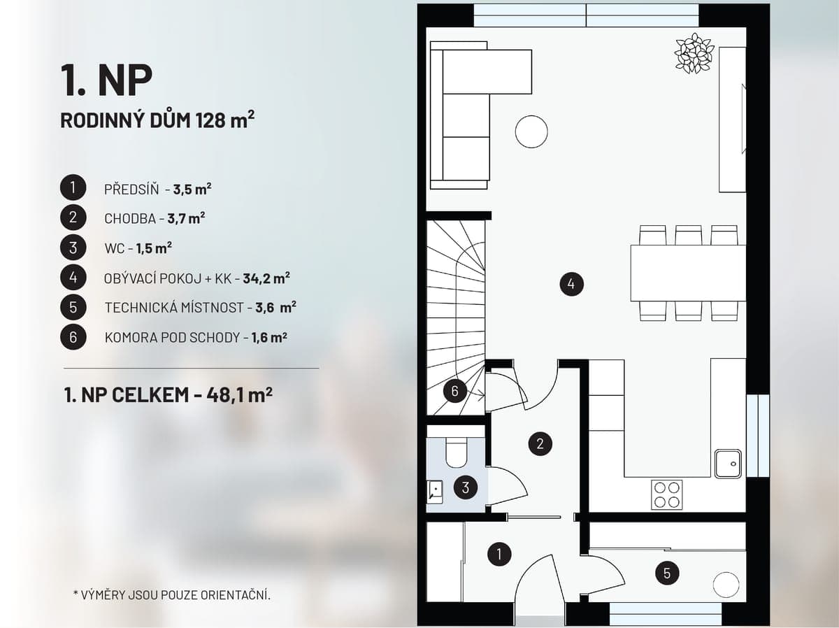Půdorys 1. NP, rodinný dům 128 m² — celkem 48,1 m²