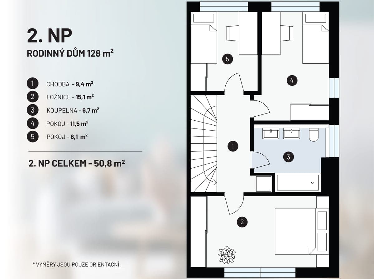 Půdorys 2. NP, rodinný dům 128 m² — celkem 50,8 m²