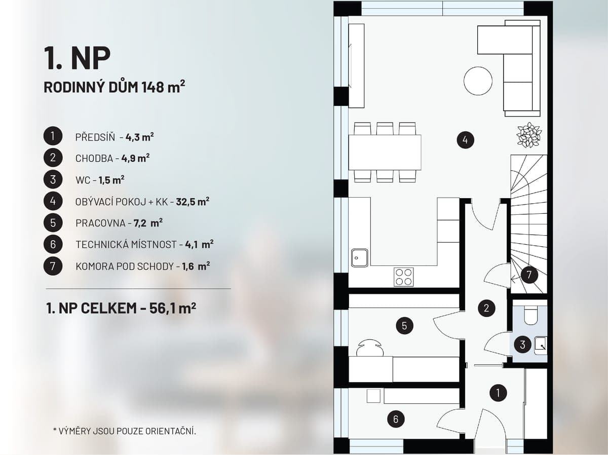 Půdorys 1. NP, rodinný dům 148 m² — celkem 56,1 m²