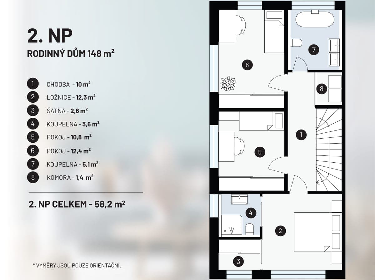 Půdorys 2. NP, rodinný dům 148 m² — celkem 58,2 m²